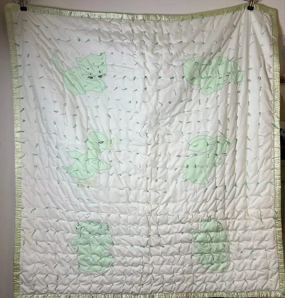 Vintage Handmade Baby Quilt 40x44.5 Hand Tied Appliqué Animals Satin Trim Crib